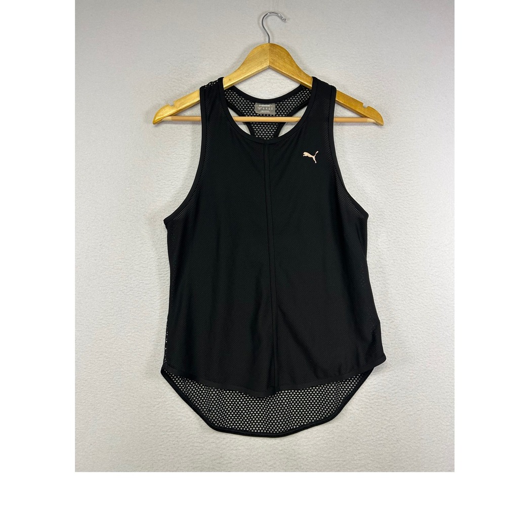 Athletic Puma Womens Sm Black Mesh Racerback Tank Top Rose Gold Logo 515713-01 - Picture 1 of 10